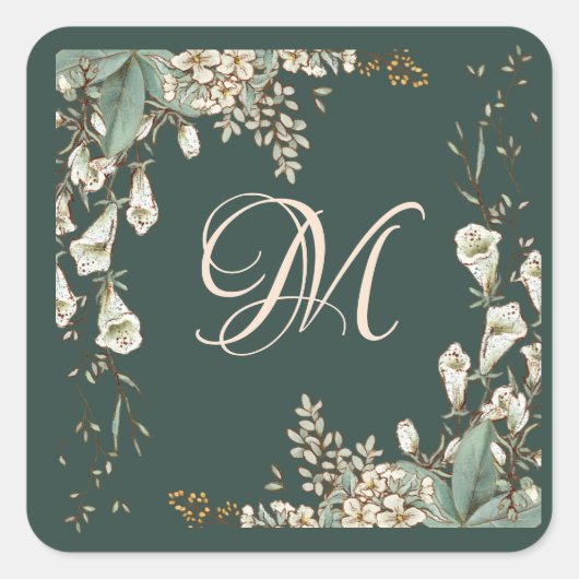 Sticker Carré Verte Floral Script Monogramme Mariage élégant (Devant)
