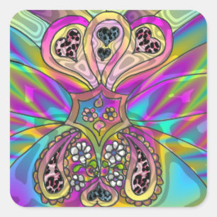 Sticker Carré Vêtements Cadeaux Fleurs Cœurs Psychédéliques Rétr