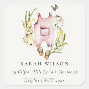 Sticker Carré Vêtements de Baby shower en feuillage rose Adresse