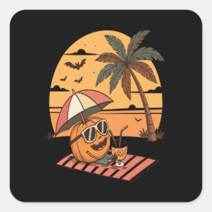 Sticker Carré Vibes De Summerween - Citrouille En Vacances