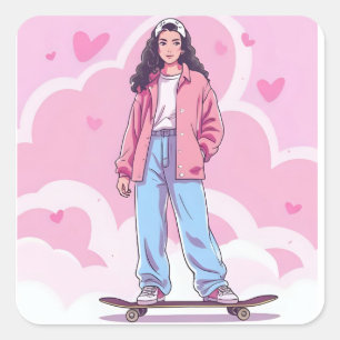 Sticker Carré Vibes filles de patinage - Pastel Collage esthétiq