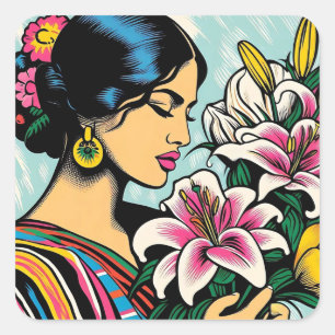 Sticker Carré Vibrant Calla Lillies Floral Mexicaine Pop Art