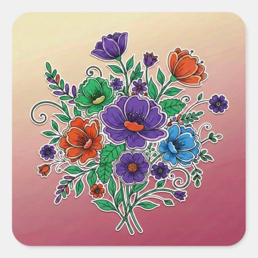 Sticker Carré Vibrant Floral Bouquet Illustration (Devant)
