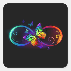 Sticker Carré Vibrant infinity with rainbow butterfly on black