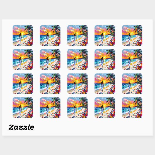 Sticker Carré Vibrant Sunset Abstract Beach Scene (Feuille)