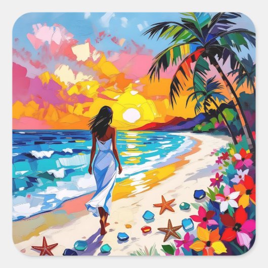 Sticker Carré Vibrant Sunset Abstract Beach Scene (Devant)