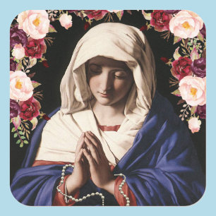 Sticker Carré Vierge Marie dans la prière Roses et Rosaire