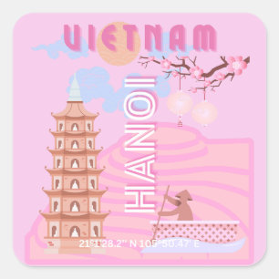 Sticker Carré Vietnam Travel Art, rose