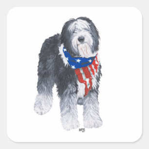Sticker Carré Vieux chien de berger anglais patriotique