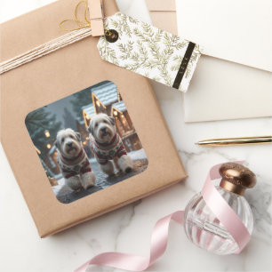 Sticker Carré Vieux chiens de berger anglais Noël Neige Vacances