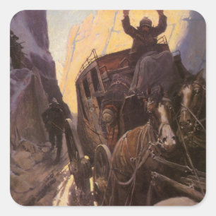Sticker Carré Vieux Cowboys, Hold Up dans le Canyon par NC Wyeth