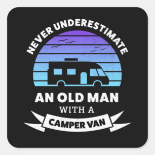 Sticker Carré Vieux homme avec Camper van - Drôle cadeau