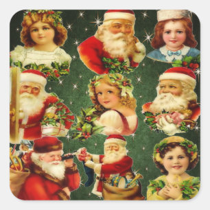 Sticker Carré Vieux Noël Filles & Père Noël