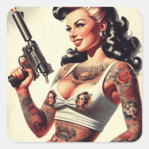 Sticker Carré Vieux Tattoo Hot Girl