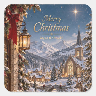 Sticker Carré Village alpin Joyeux Noël hivernal élégant