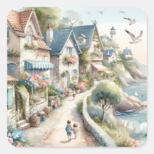 Sticker Carré Village de cottage côtier pastel Évasion
