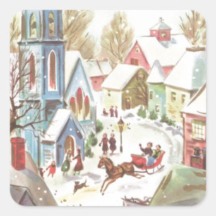 Sticker Carré Village de Noël vintage en hiver