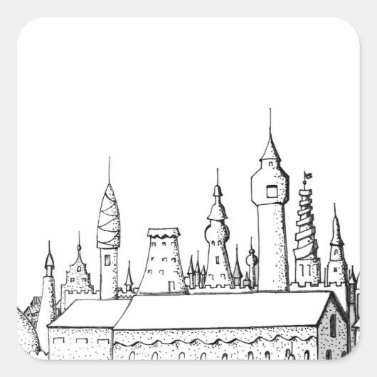 Sticker Carré ville fabuleuse . artwork . noir et blanc (Devant)