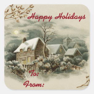 Sticker Carré Ville vintage En Hiver