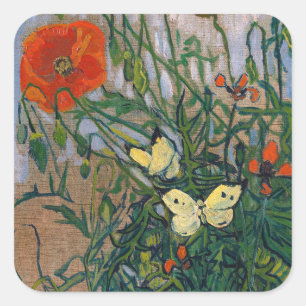 Sticker Carré Vincent van Gogh - Papillons et Coquelicots