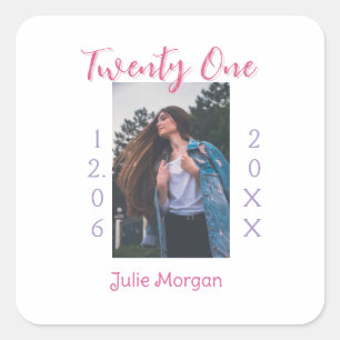 Sticker Carré vingt et un ans photo anniversaire rose violet fil