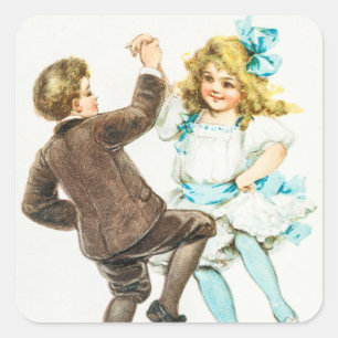 Sticker Carré Vintage A Joyeux Noël Garçon et Fille Danse