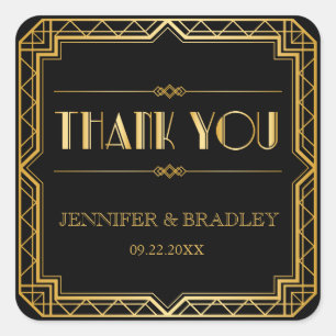 Sticker Carré Vintage Art Déco Black Gold Wedding Favoriser