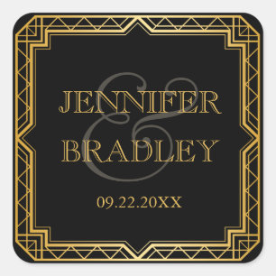 Sticker Carré Vintage Art Déco Black Gold Wedding Favoriser
