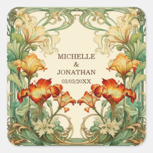 Sticker Carré Vintage Art nouveau Botanique Mucha Merci