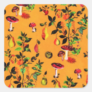 Sticker Carré Vintage Autumn Forest Champignons Fruits Aquarelle