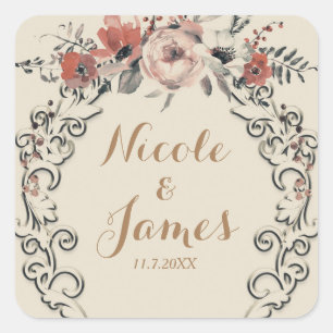 Sticker Carré Vintage Beige Elegant Botanique Floral Mariage