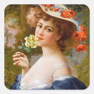 Sticker Carré Vintage Belle Dame En Fleur Rose Jaune Bleu
