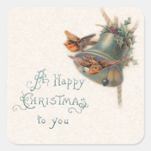 Sticker Carré Vintage Birds, Bell et Holly avec salutation