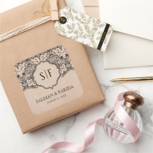 Sticker Carré Vintage Black Lace Russe Burlap Monogramme Mariage