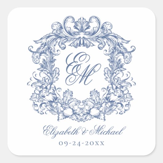Sticker Carré Vintage Blue Elegant Wedding Monogram Crest (Devant)