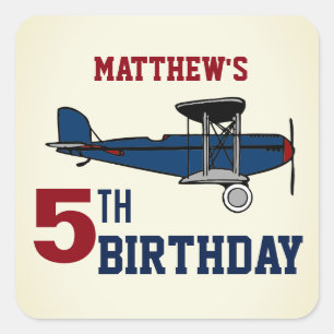 Sticker Carré Vintage Blue Retro Avion Anniversaire Fête Favoris