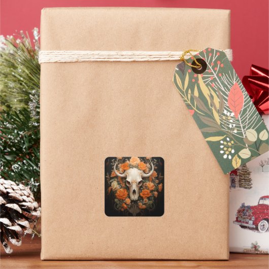 Sticker Carré Vintage Bohême Sugar Skull Bloom (vacances)