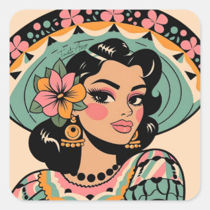 Sticker Carré Vintage Bonita Fiesta Mujer Mariachi