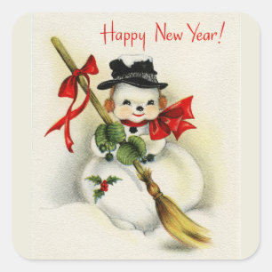 Sticker Carré Vintage Bonne année Snowman