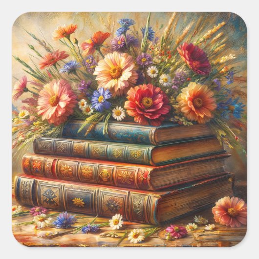 Sticker Carré Vintage Book Stack Floral Art (Devant)
