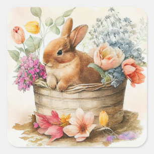 Sticker Carré Vintage Brown Lapin Rabbit Fleurs Pâques