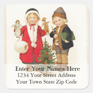 Sticker Carré Vintage Children With Toys Address Label