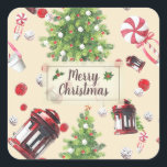 Sticker Carré Vintage Christmas Art Motif<br><div class="desc">Éléments de Noël vintage en aquarelle et crayon avec une vieille lanterne de Noël, arbre de Noël, bonbons et bonbons de Noël. Ambiance de Noël agréable et cosy dans des couleurs vintages avec un badge de Noël personnalisable avec des baies sèches au milieu. Personnalisez en changeant le texte ou appuyez...</div>