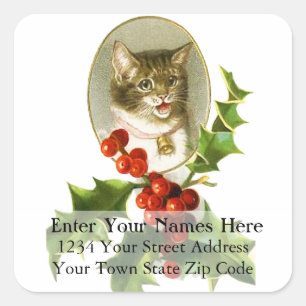 Sticker Carré Vintage Christmas Kitten Adresse de retour Label