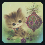 Sticker Carré Vintage Christmas Kitten Par ornement<br><div class="desc">Vintage Christmas Kitten Par ornement</div>