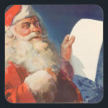 Sticker Carré Vintage Christmas, Père Noël Naughty Nice Liste<br><div class="desc">Illustration vintage Joyeuse image de Noël montrant un joyeux Père Noël portant son casquette rouge et en vérifiant sa liste coquine ou jolie le soir de Noël.</div>
