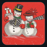 Sticker Carré Vintage Christmas Snowman<br><div class="desc">Vintage Retro Deux Sticker Snowman de Noël. Parfait pour l'artisanat ou le collage sur le giftwrap et ou carte de fin de année.</div>