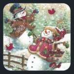 Sticker Carré Vintage Christmas Snowmen<br><div class="desc">Sticker carré</div>