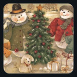 Sticker Carré Vintage Christmas Snowmen<br><div class="desc">Vintage Christmas Snowmen</div>