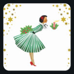 Sticker Carré Vintage Christmas Woman souffle une bougie<br><div class="desc">Vintage Christmas Woman souffle une bougie</div>
